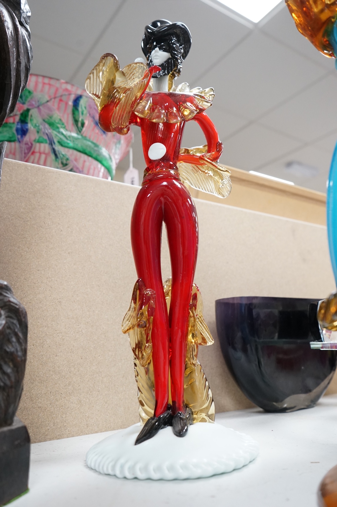 A large Murano coloured glass 'Masquerade' figure H49 and a similar female dancer H43, female signed G Toffolo, 46cm